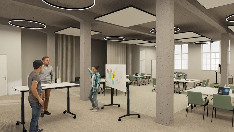 n einer modernen Bürofläche arbeiten drei Personen zusammen und teilen ihre Ideen vor einem großen Whiteboard, umgeben von Tischen und Stühlen