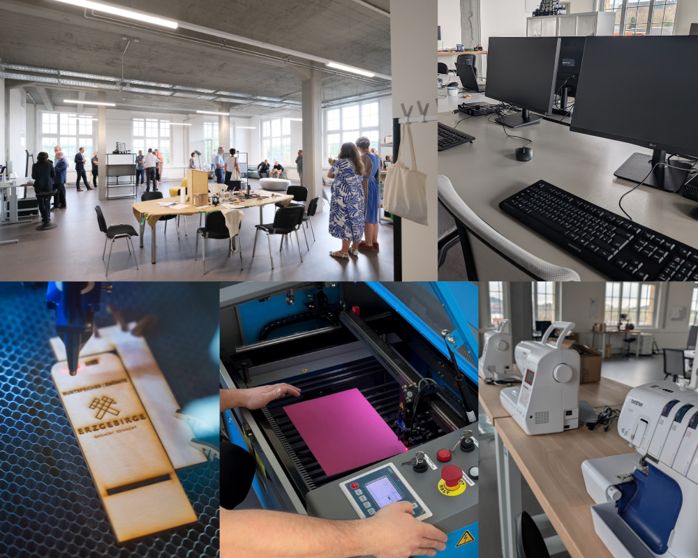 Collage von Bildern aus dem Makerspace, Computer, Lasercutter, Nähmaschinen